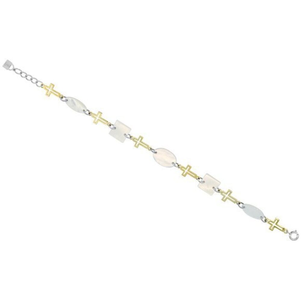 Sterling Silver Gold Plated Cross & Oval and Square Mother of Pearl Bracelet, 7"